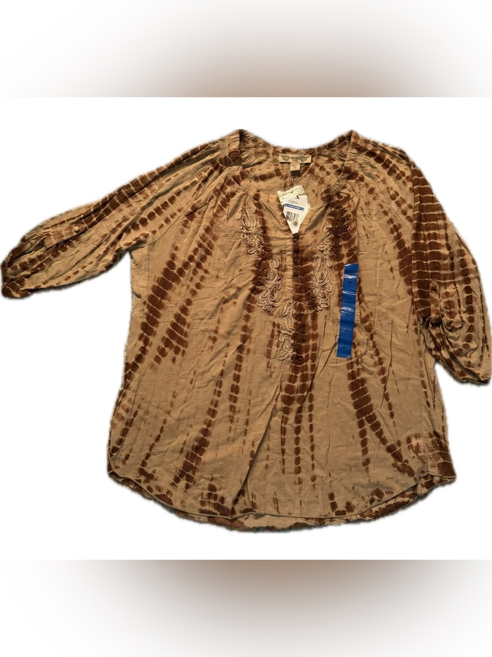 Vintage America Brown Tie-Dye Long Sleeve Embroidered Henley